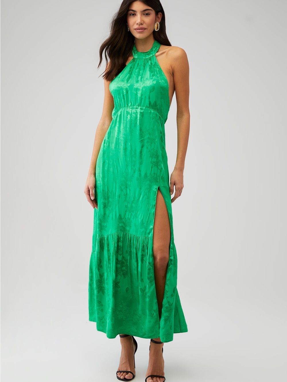 Saylor Audie Floral Green Halter Maxi Dress Elegant Holidays Wedding Side slit